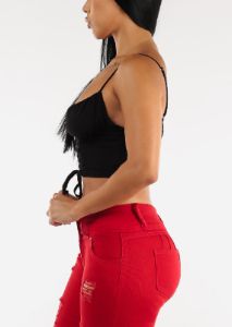 Black Sleeveless Lace Up Cami Crop Top sold by Moda
