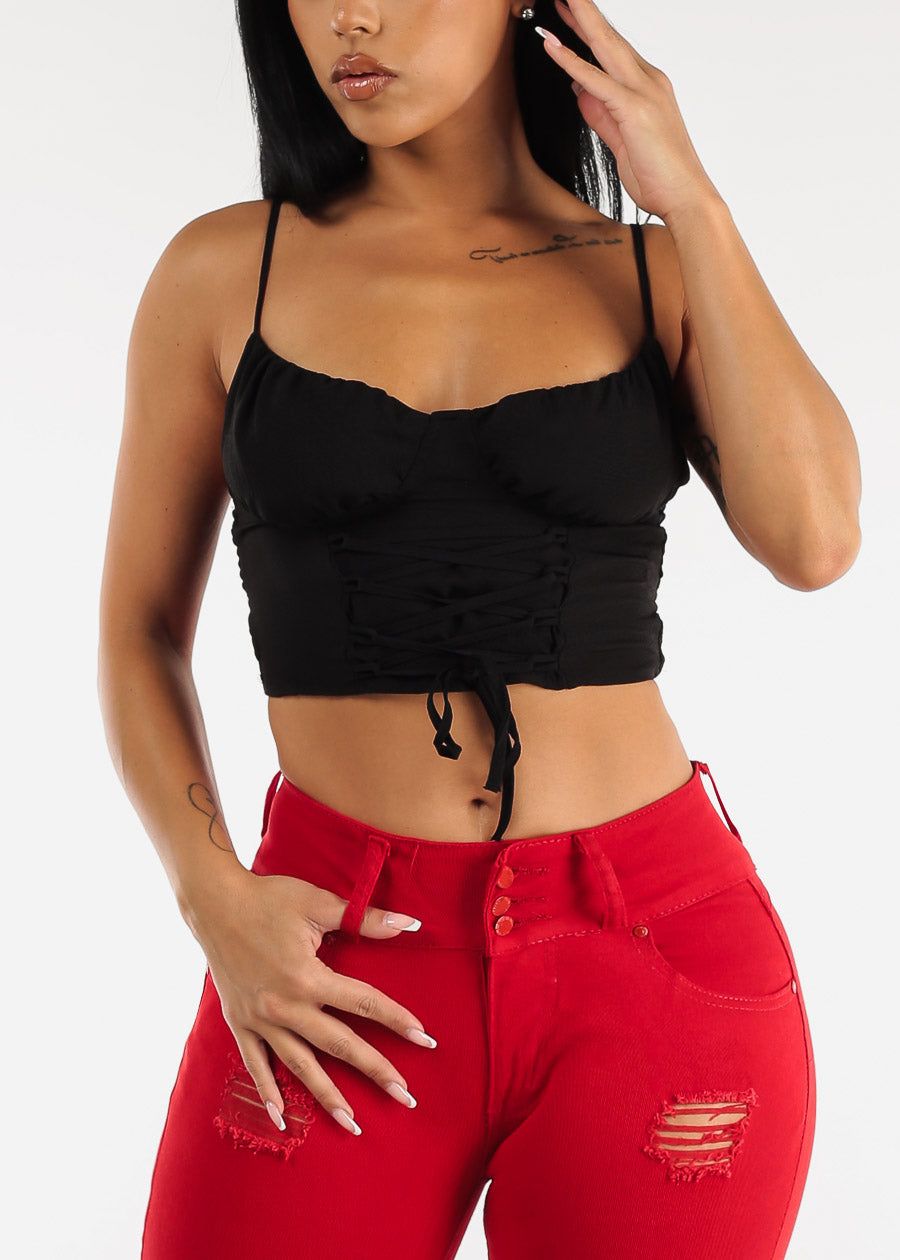 Black Sleeveless Lace Up Cami Crop Top sold by Moda