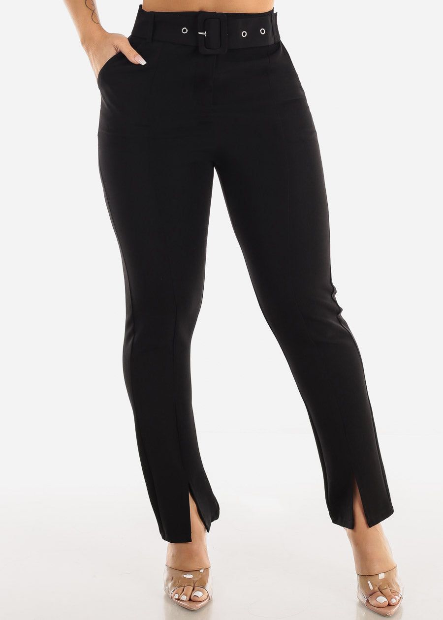 Black Super High Waisted Dressy Straight Pants w Belt sold by Moda