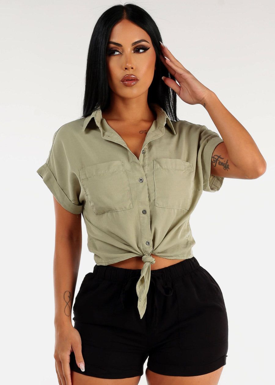 Tie Front Short Sleeve Button Up Blouse Light Olive sold by Moda