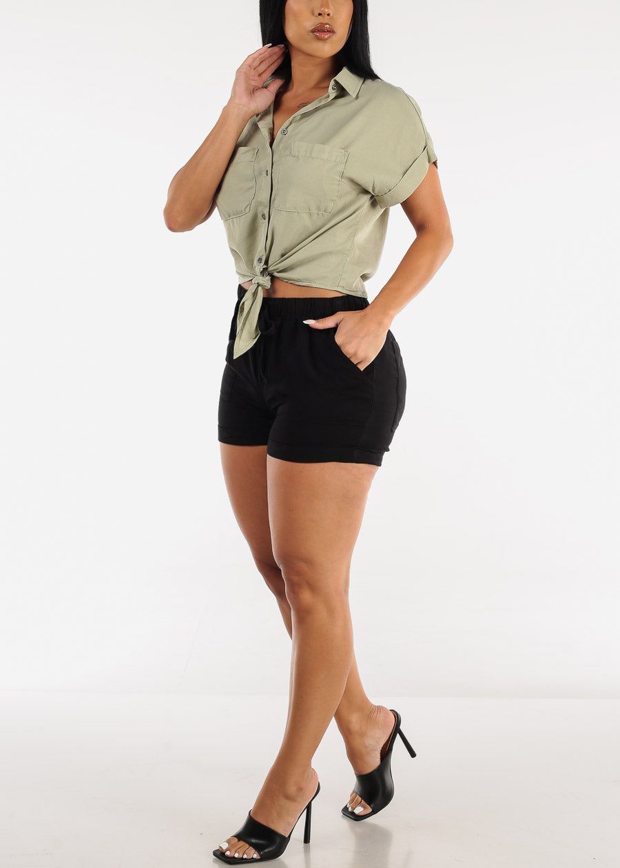 Tie Front Short Sleeve Button Up Blouse Light Olive sold by Moda product image thumbnail 2