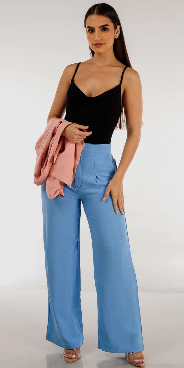 Wide Legged Light Blue Pants Sleeveless Cowl Neck Black Bodysuit and Quarter Sleeve Pink Blazer sold by Moda product image thumbnail 2