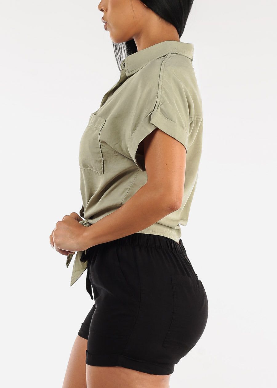 Tie Front Short Sleeve Button Up Blouse Light Olive sold by Moda product image thumbnail 3