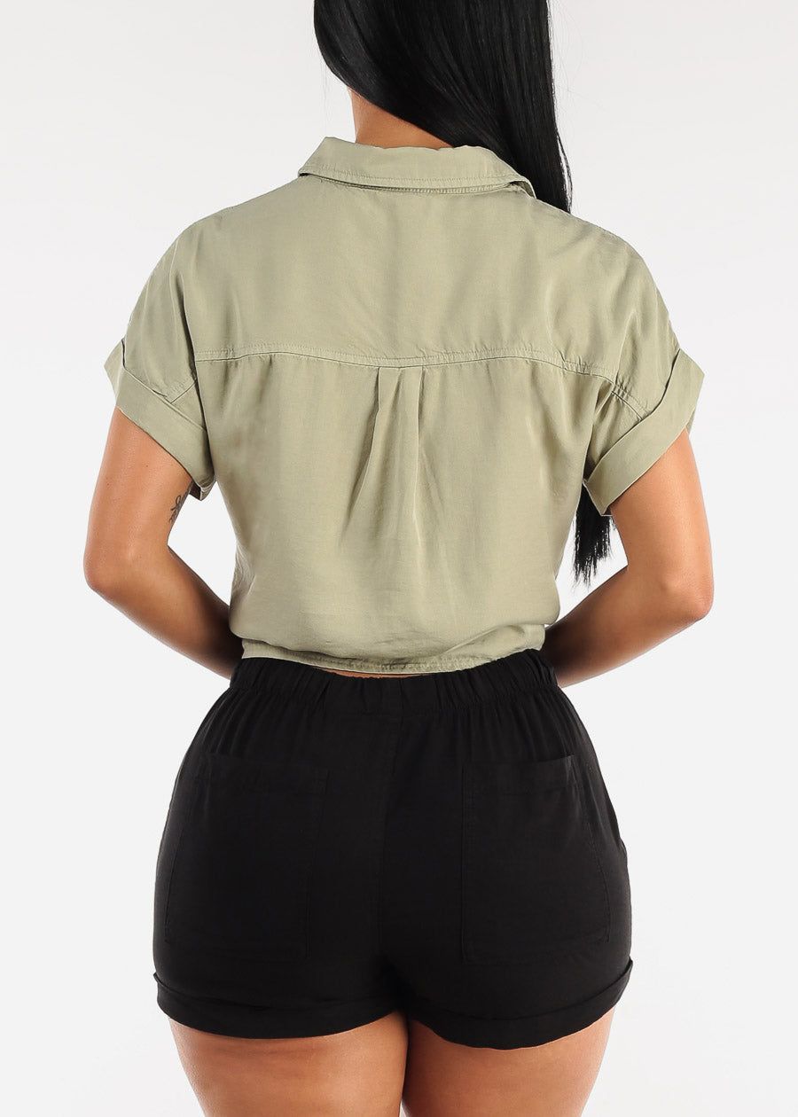 Tie Front Short Sleeve Button Up Blouse Light Olive sold by Moda product image thumbnail 4
