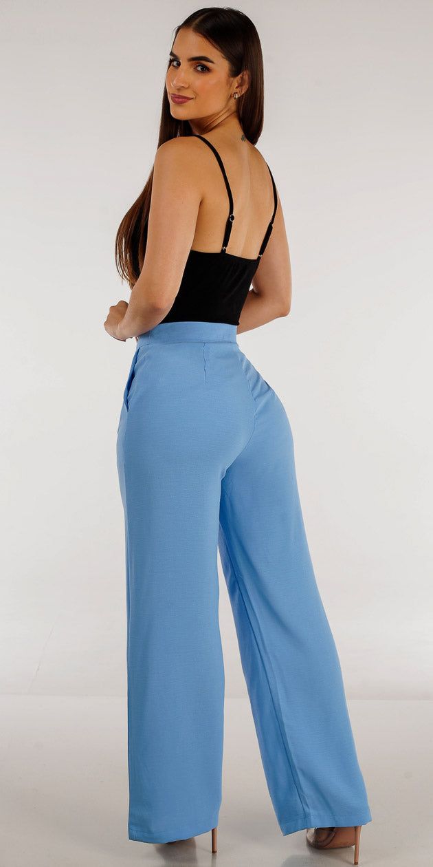 Wide Legged Light Blue Pants Sleeveless Cowl Neck Black Bodysuit and Quarter Sleeve Pink Blazer sold by Moda product image thumbnail 3