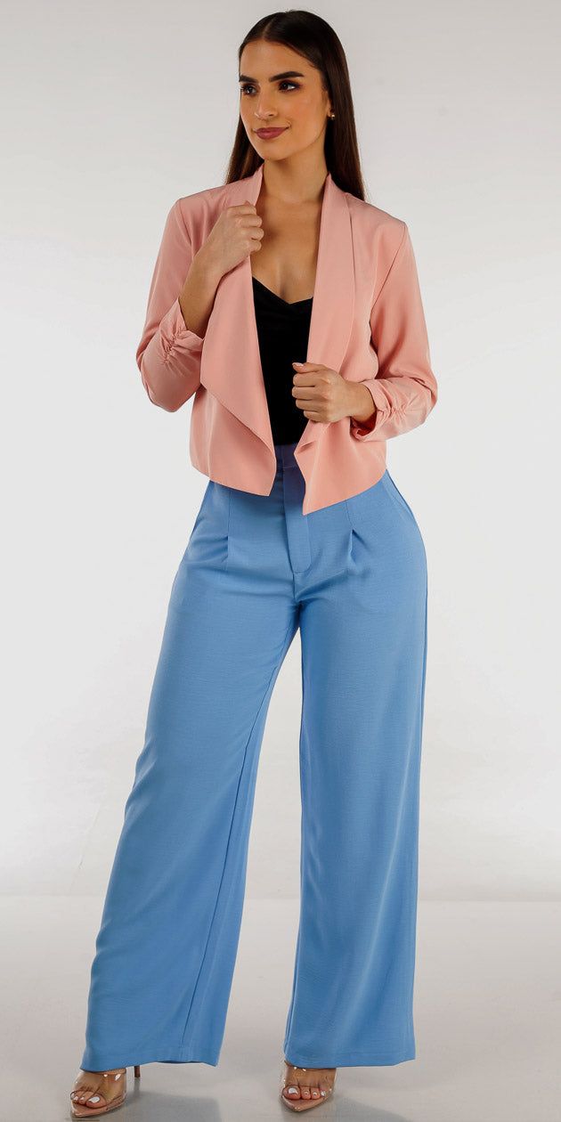 Wide Legged Light Blue Pants Sleeveless Cowl Neck Black Bodysuit and Quarter Sleeve Pink Blazer sold by Moda