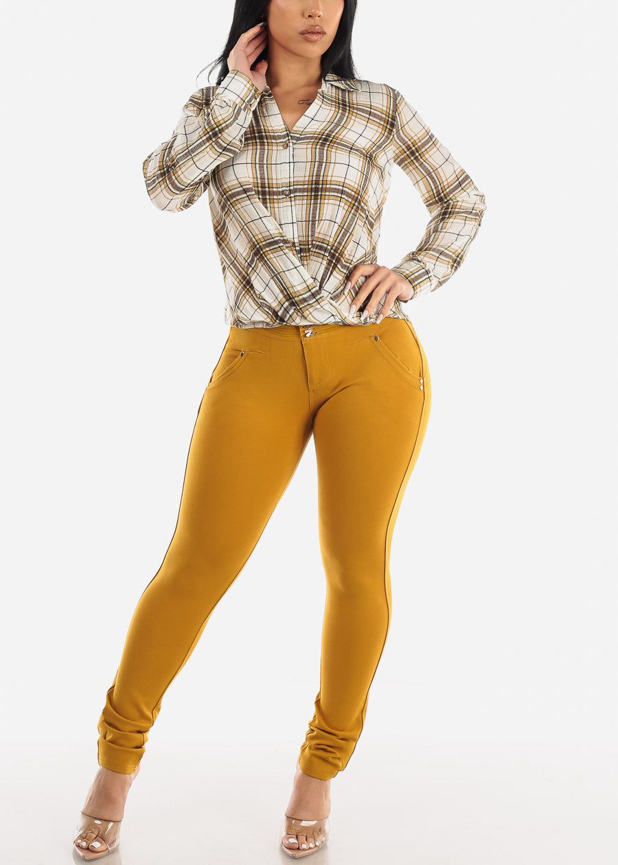 Mid Rise Butt Lifting Skinny Pants Mustard sold by Moda product image thumbnail 2