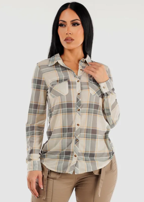 Long Sleeve Button Up Plaid Shirt Ivory & Sage sold by Moda