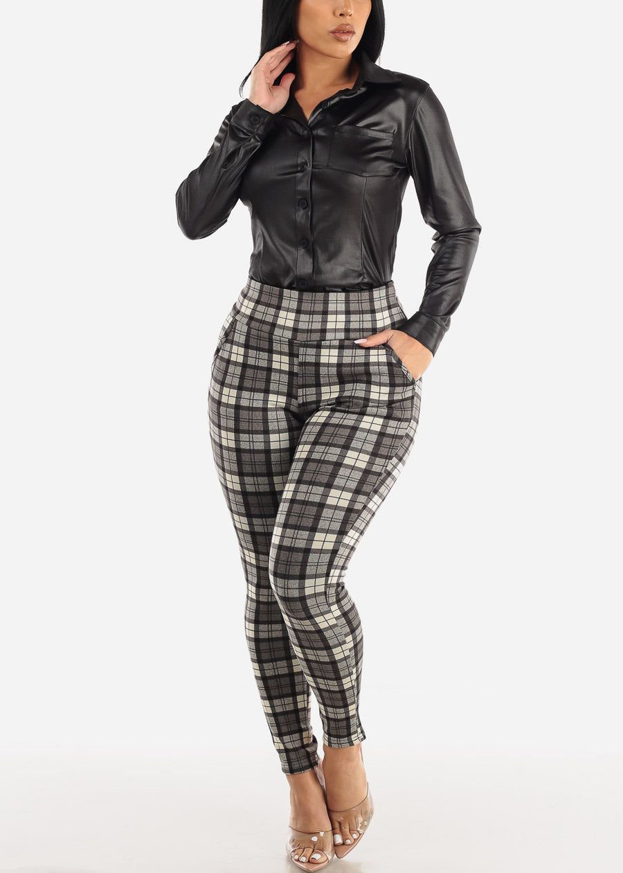 High Waist Pull On Levantacola Plaid Skinny Pants Grey sold by Moda product image thumbnail 2