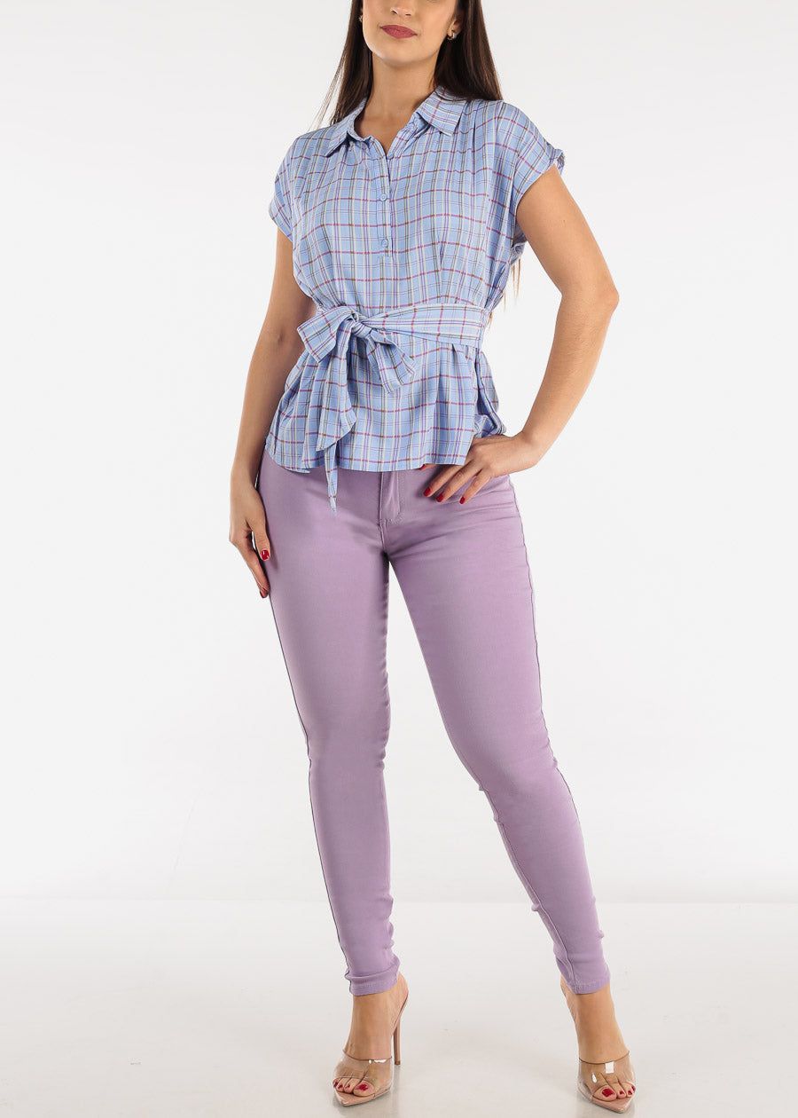 Plaid Half Button Up Collared Top w Belt sold by Moda product image thumbnail 2