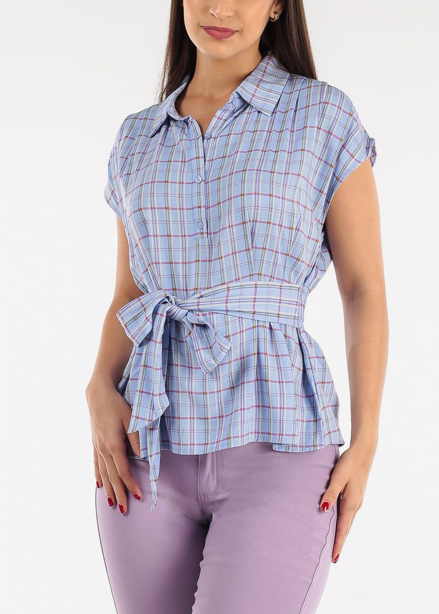 Plaid Half Button Up Collared Top w Belt sold by Moda