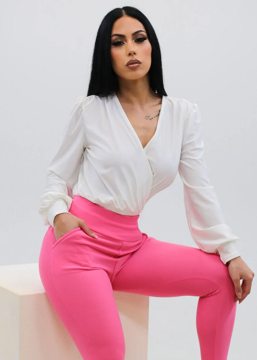 Long Sleeve Surplice Satin Blouse Off White sold by Moda