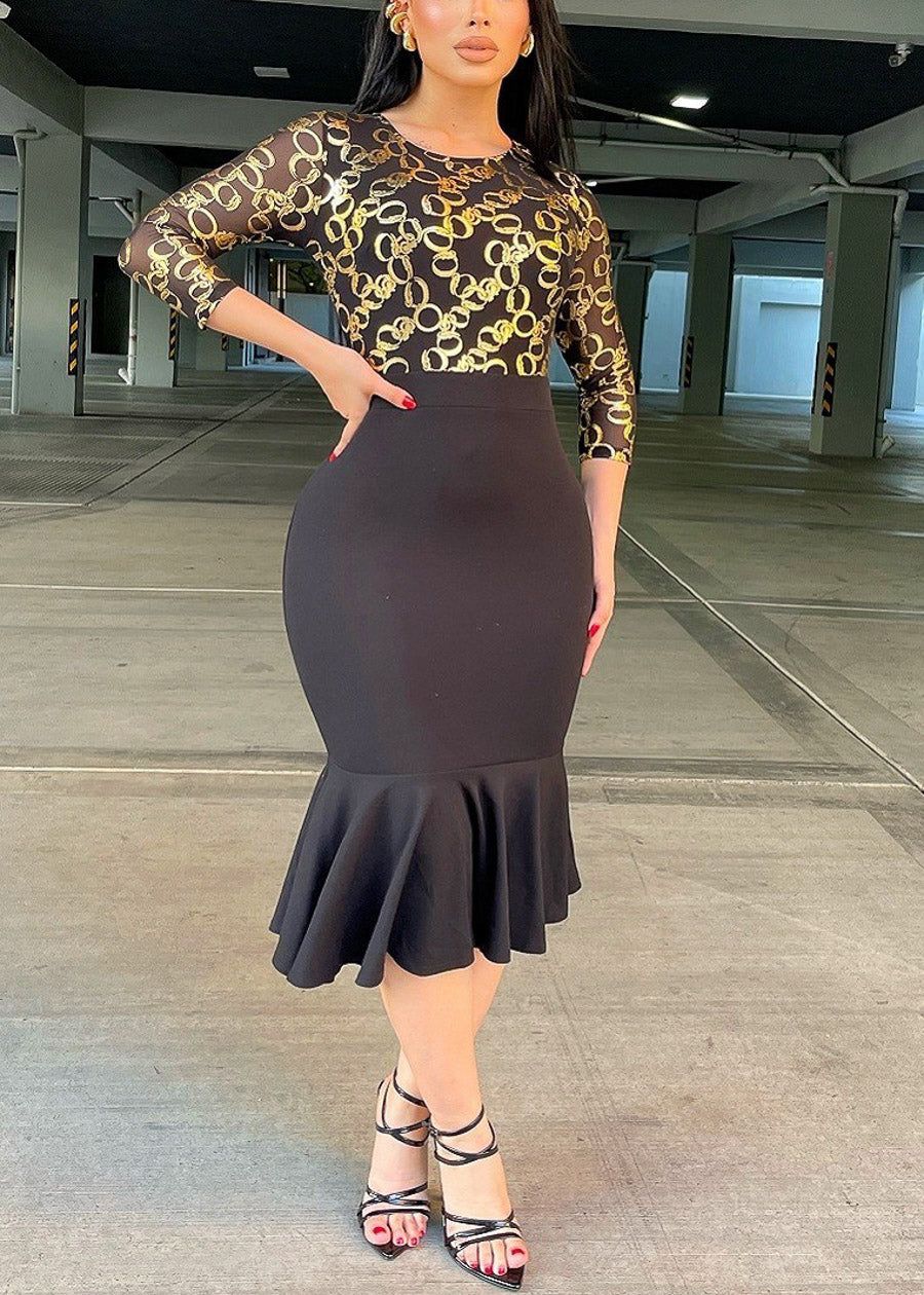 Black Peplum Bodycon Midi Dress with Shiny Gold Design sold by Moda