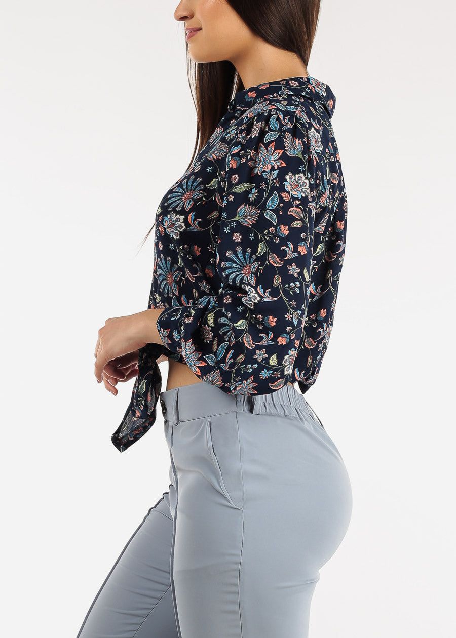Front Tie Button Down Floral Blouse Navy sold by Moda product image thumbnail 3