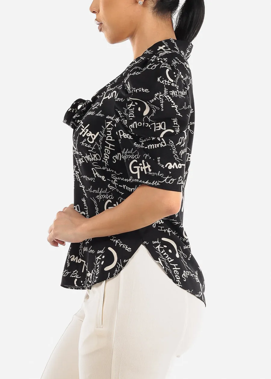 Black Short Sleeve Neck Tie Printed Blouse sold by Moda product image thumbnail 3