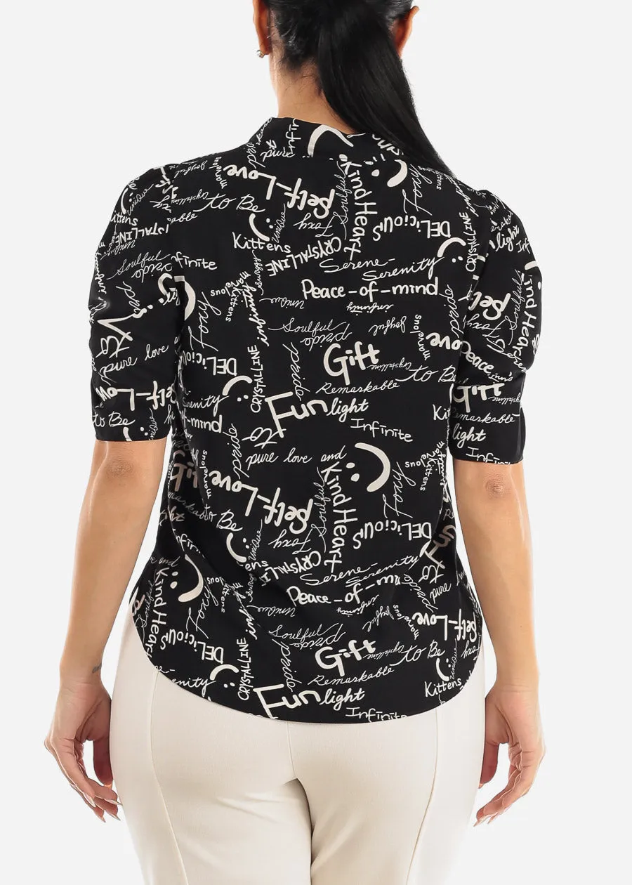 Black Short Sleeve Neck Tie Printed Blouse sold by Moda product image thumbnail 4