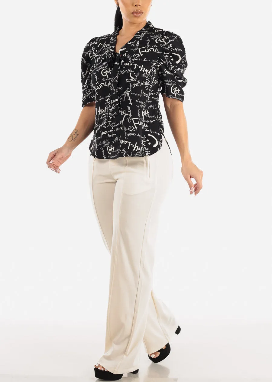 Black Short Sleeve Neck Tie Printed Blouse sold by Moda product image thumbnail 2