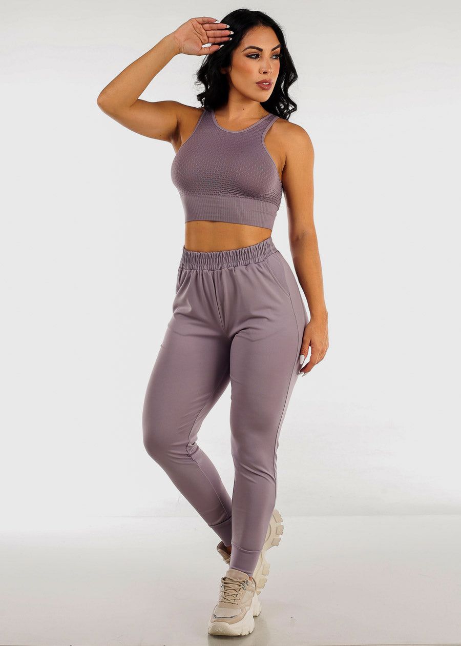 High Waist Joggers with Matching Crop Top Lilac (2 PCE SET) sold by Moda