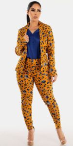 High Rise Mustard Printed Skinny Pants Blue Button Up Satin Blouse and Mustard Long Sleeve Printed Blazer sold by Moda