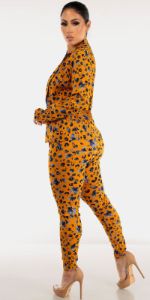 High Rise Mustard Printed Skinny Pants Blue Button Up Satin Blouse and Mustard Long Sleeve Printed Blazer sold by Moda