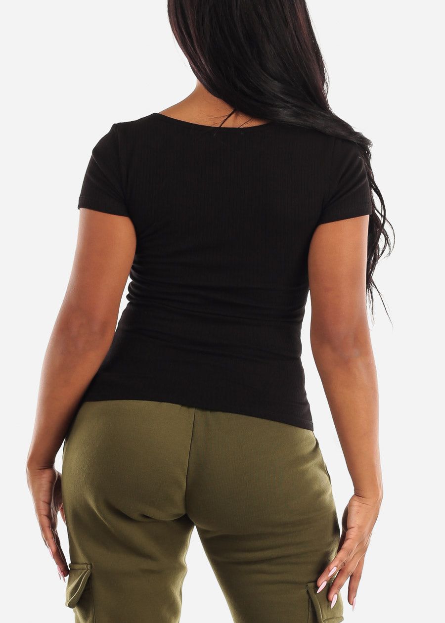 Square Neck Short Sleeve Black Top w Lace Trim sold by Moda product image thumbnail 4