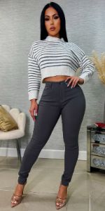 Butt Lifting Charcoal Hyper Stretch Skinny Jeans with Long Sleeve Cropped Striped Knit Sweater sold by Moda