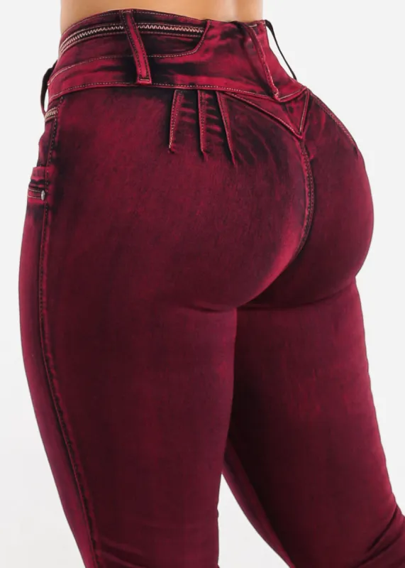 MX JEANS Butt Lifting Burgundy Acid Wash Skinny Jeans sold by Moda