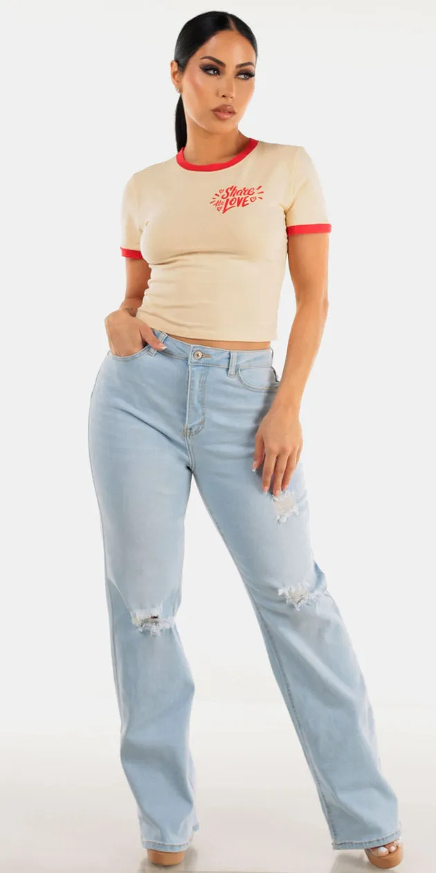 Cream Graphic Straight Denim Outfit sold by Moda