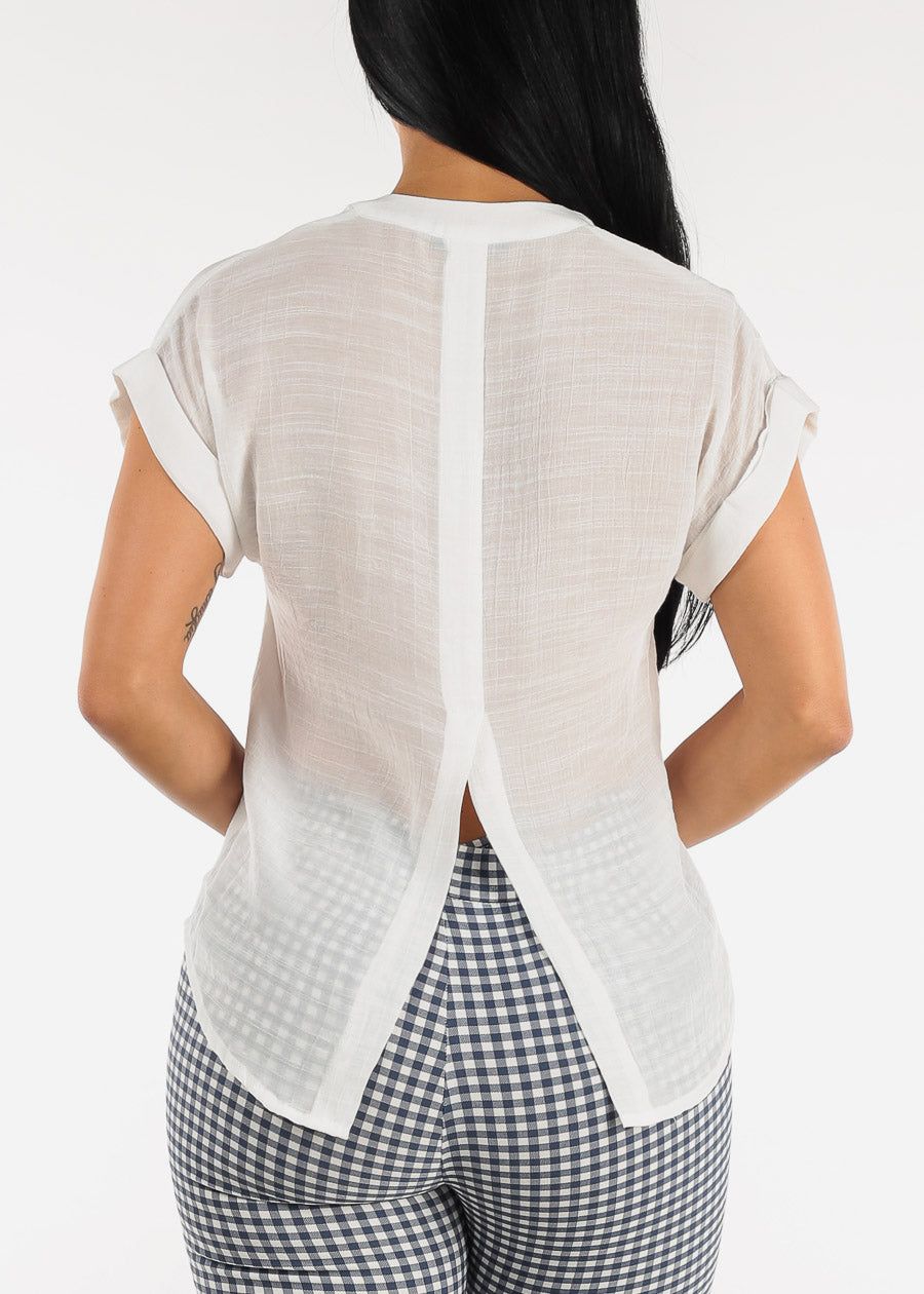 White Cuffed Short Sleeve Button Up Shirt w Back Slit sold by Moda product image thumbnail 4