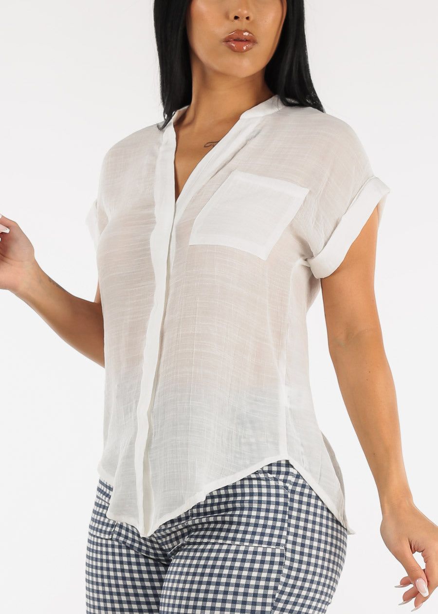 White Cuffed Short Sleeve Button Up Shirt w Back Slit sold by Moda