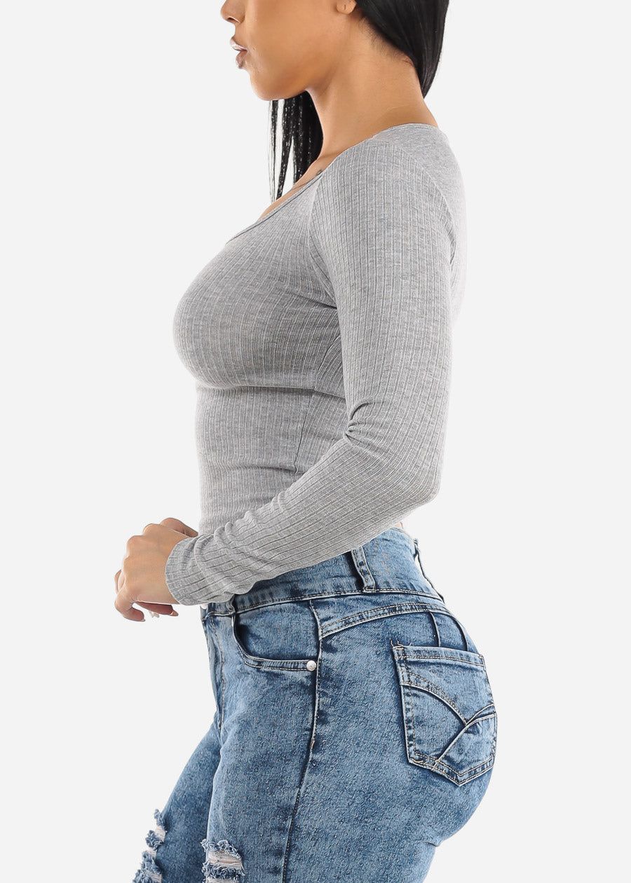 Ribbed Knit Long Sleeve Top Grey sold by Moda product image thumbnail 3