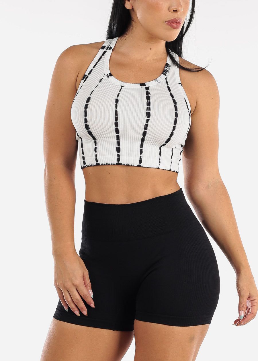 Ribbed Tie Dye Seamless Active Cropped Top Black and White sold by Moda