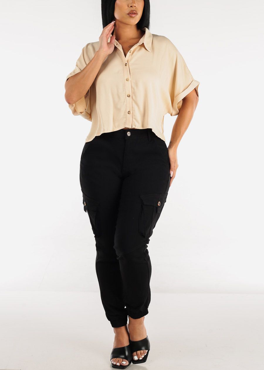 Cropped Short Sleeve Button Down Shirt Beige sold by Moda product image thumbnail 2