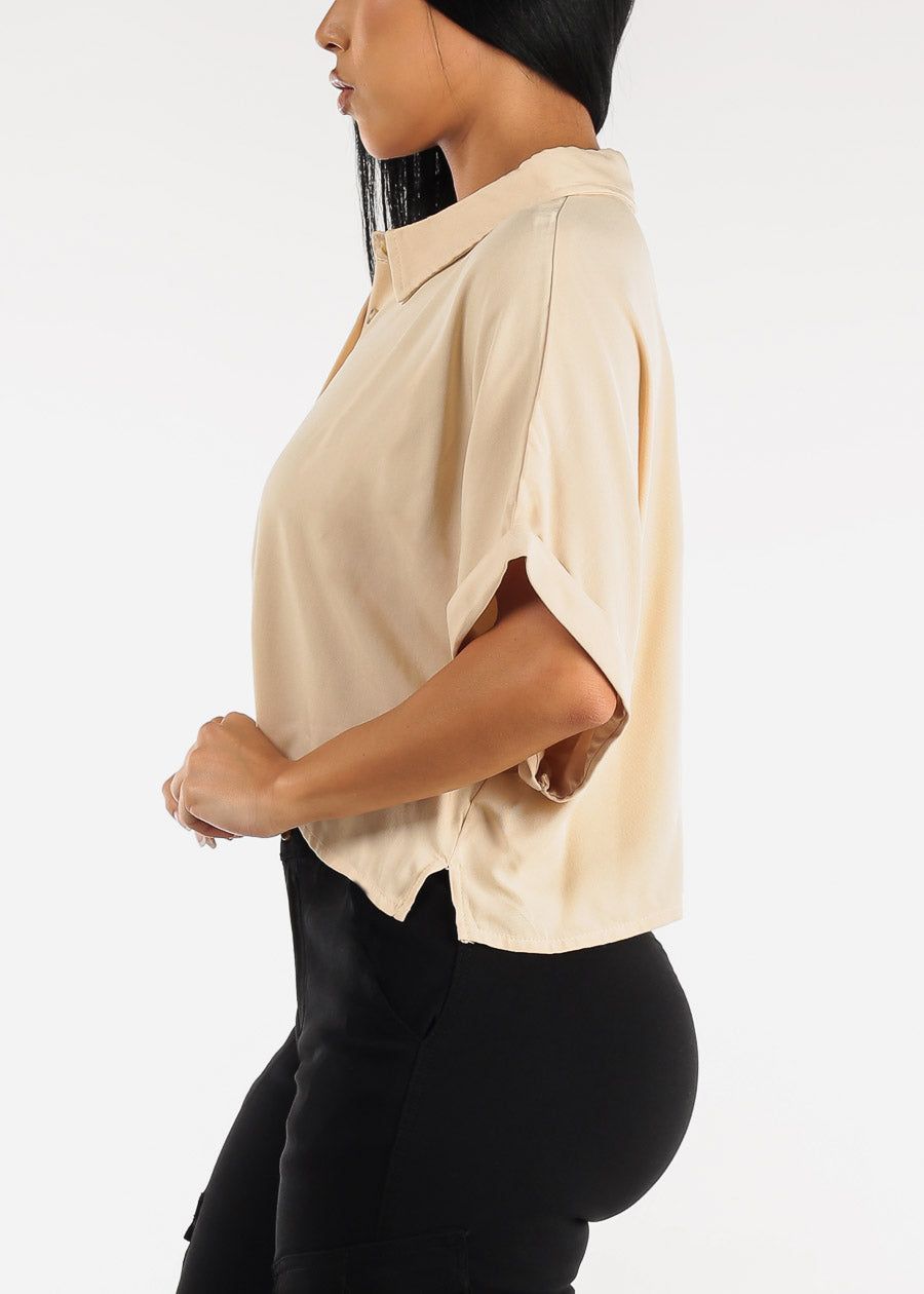 Cropped Short Sleeve Button Down Shirt Beige sold by Moda product image thumbnail 3