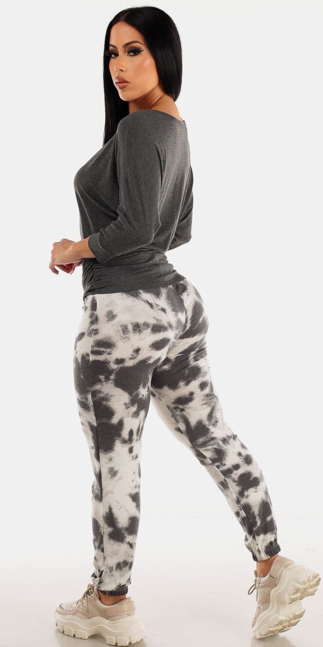 High Waisted Tie Dye Jogger Pants with Dolman Sleeve Ruched Sides Charcoal Top sold by Moda product image thumbnail 2