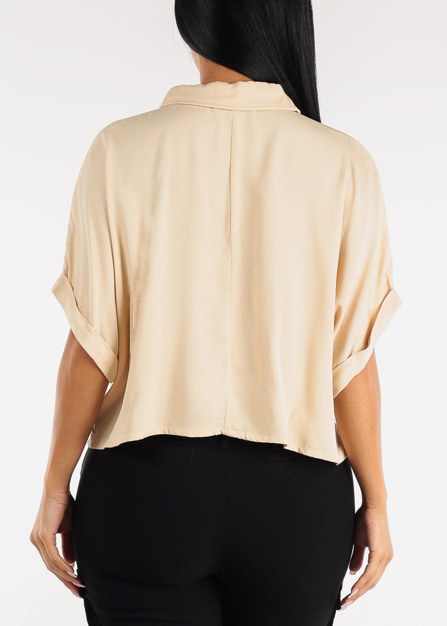 Cropped Short Sleeve Button Down Shirt Beige sold by Moda product image thumbnail 4