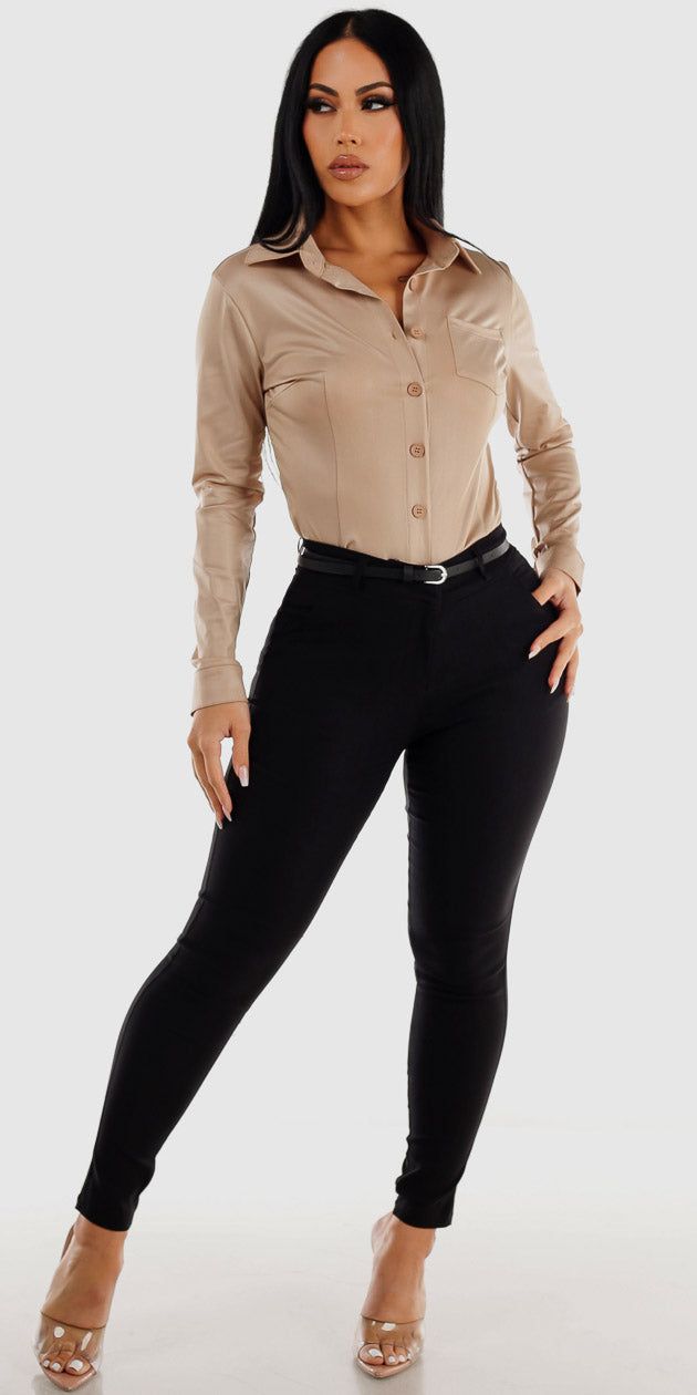 Black High Waisted Dressy Skinny Pants with Long Sleeve Button Up Pleather Collared Blouse sold by Moda