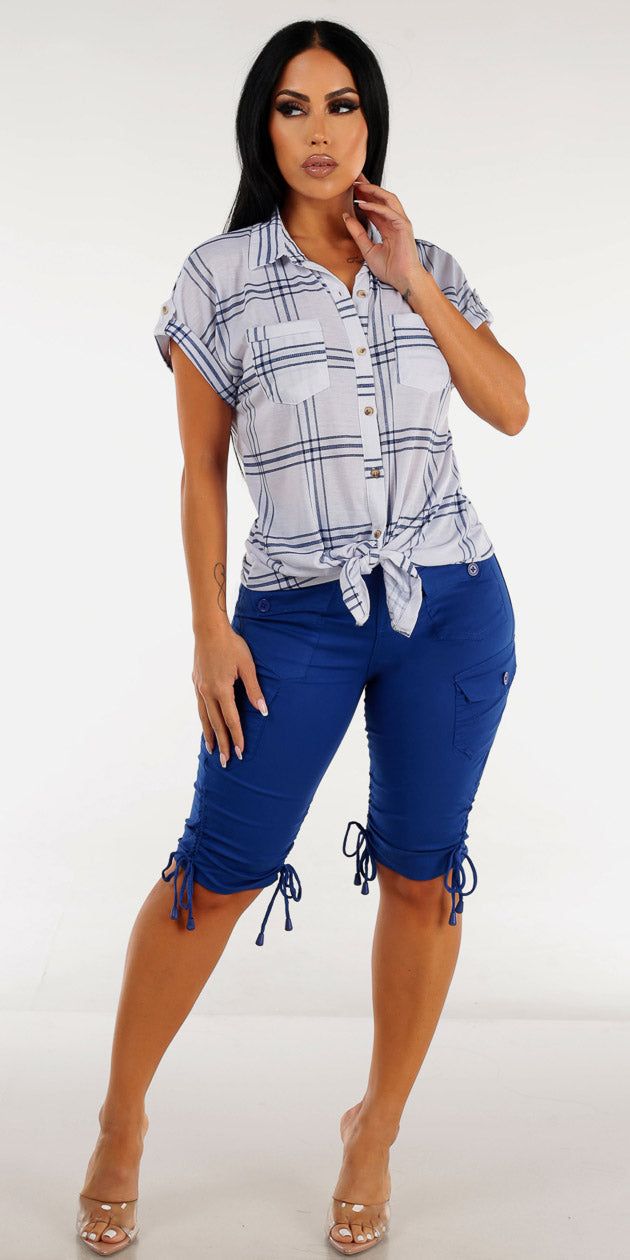 Blue High Rise Cargo Bermuda Shorts with White Short Sleeve Plaid Shirt sold by Moda