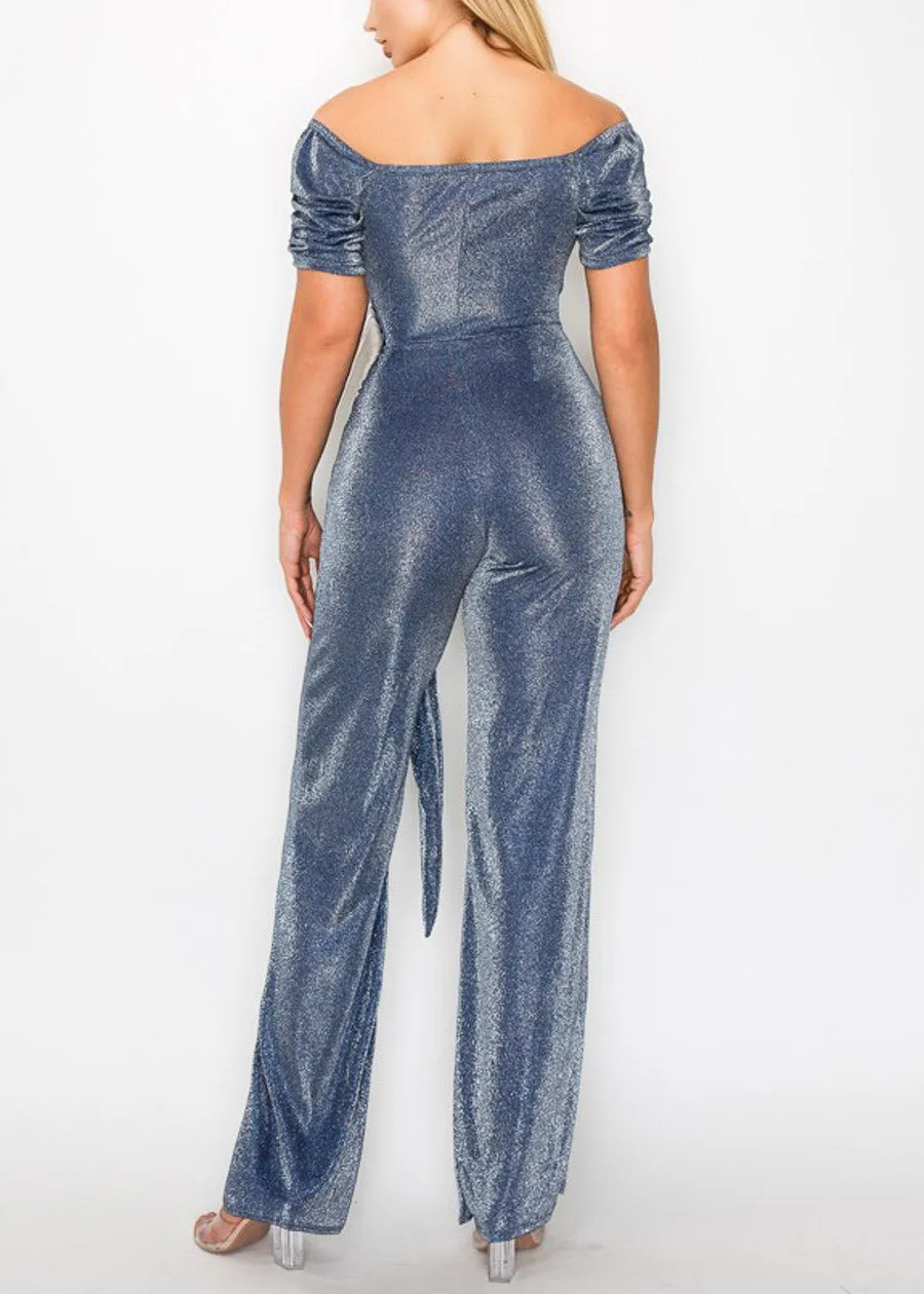 Shiny Blue Overlap Stretch Jumpsuit with Belt sold by Moda product image thumbnail 3