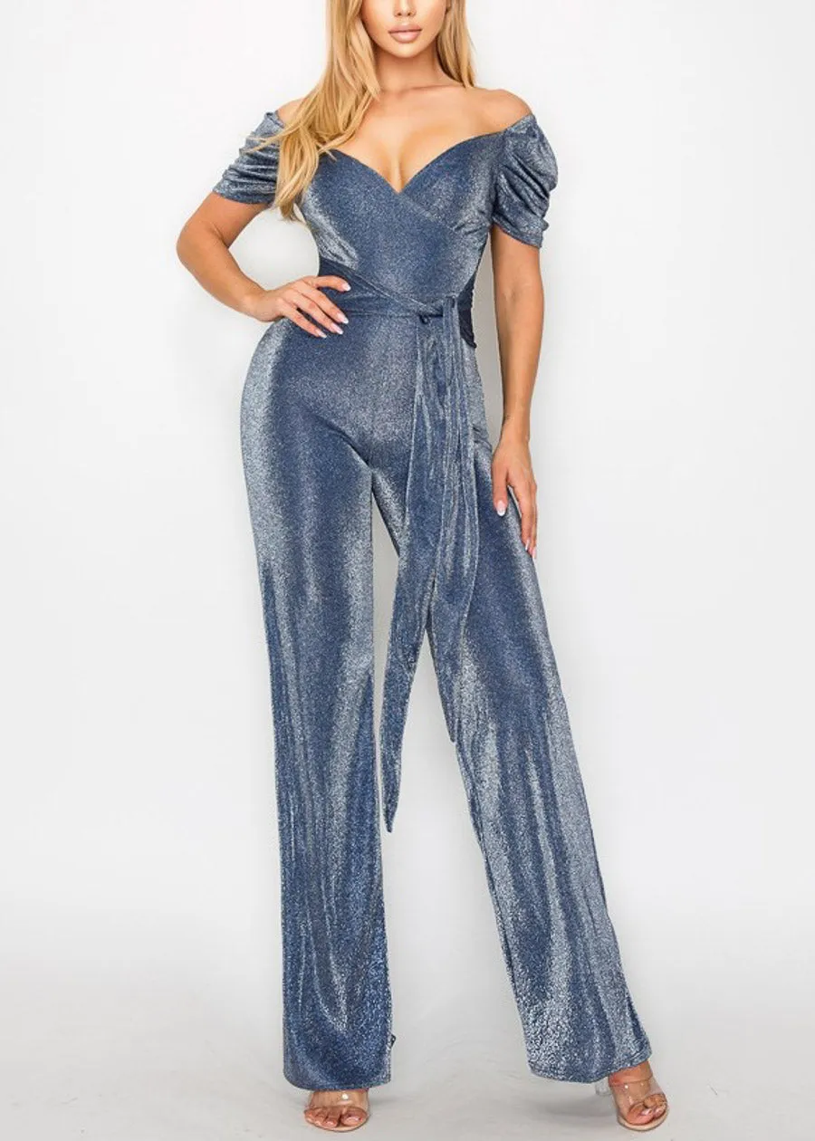Shiny Blue Overlap Stretch Jumpsuit with Belt sold by Moda