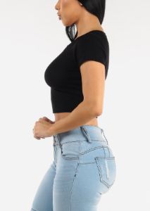 Short Sleeve Basic Crewneck Crop Top Black sold by Moda