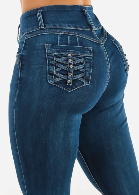 High Waist Butt Lift Skinny Jeans w Back Pocket Design sold by Moda