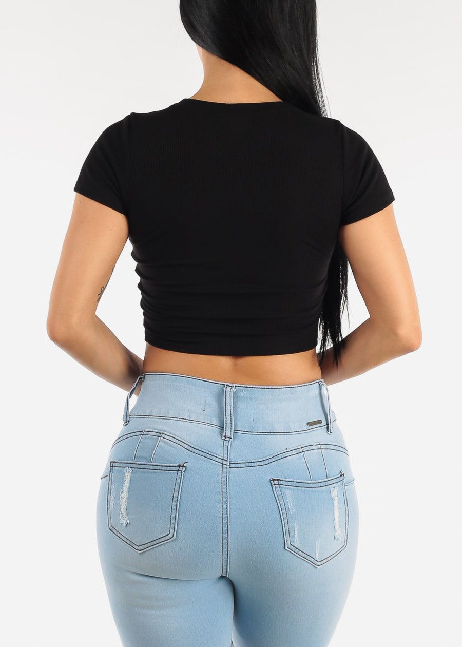 Short Sleeve Basic Crewneck Crop Top Black sold by Moda product image thumbnail 4