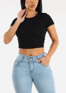 Short Sleeve Basic Crewneck Crop Top Black sold by Moda