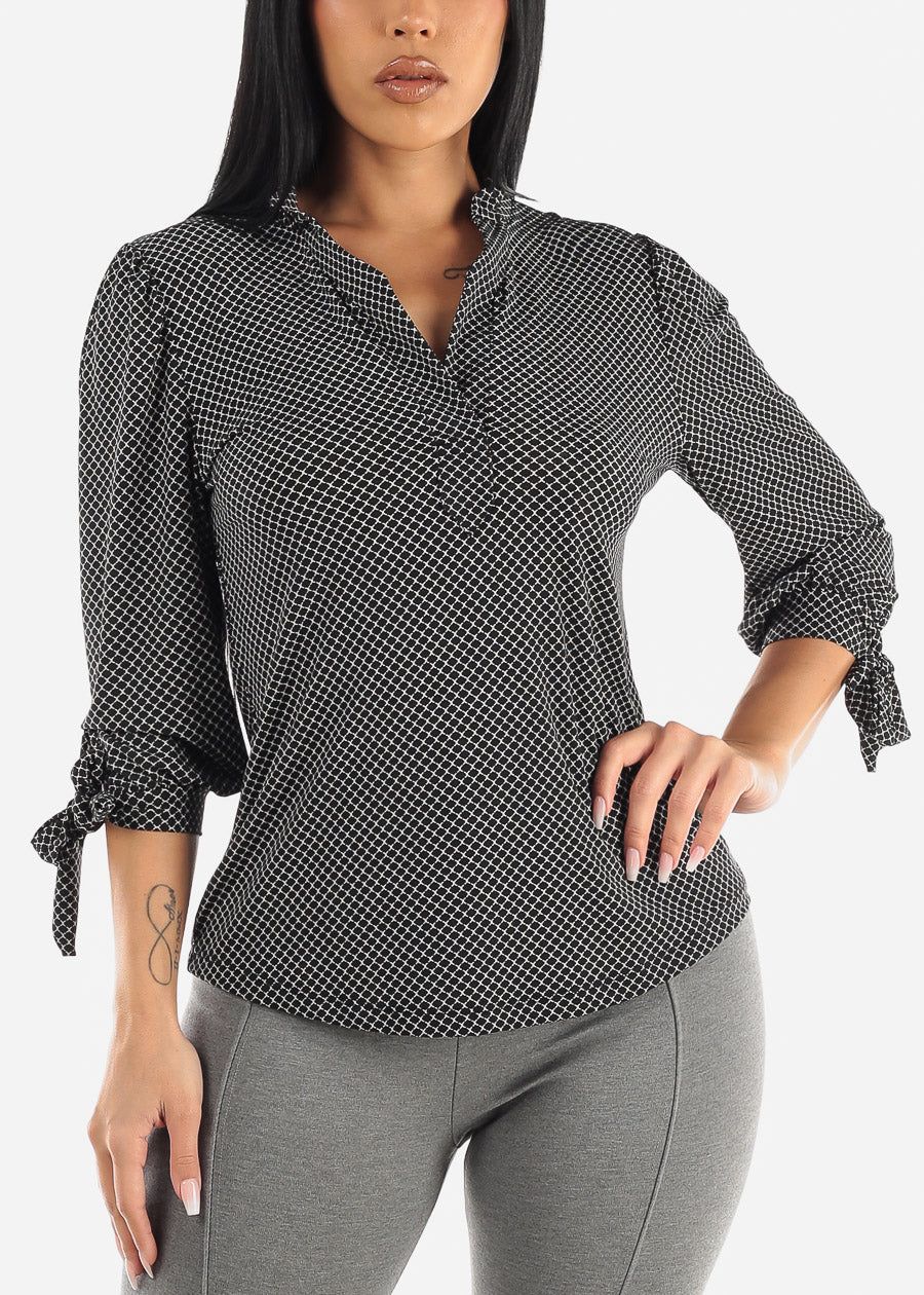 Quarter Sleeve Vneck Printed Blouse Black sold by Moda