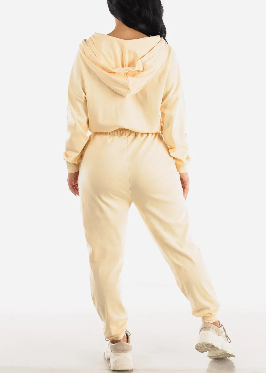 Drawstring Waist Long Sleeve Hooded Jumpsuit Cream sold by Moda product image thumbnail 3