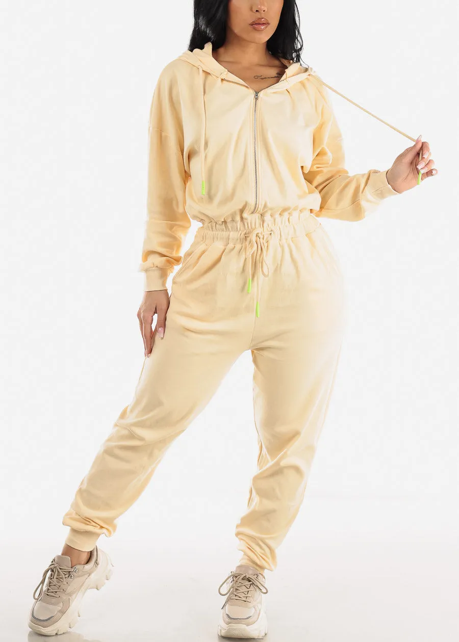 Drawstring Waist Long Sleeve Hooded Jumpsuit Cream sold by Moda