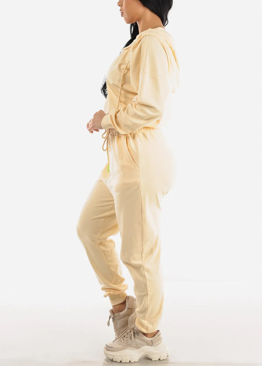 Drawstring Waist Long Sleeve Hooded Jumpsuit Cream sold by Moda product image thumbnail 2