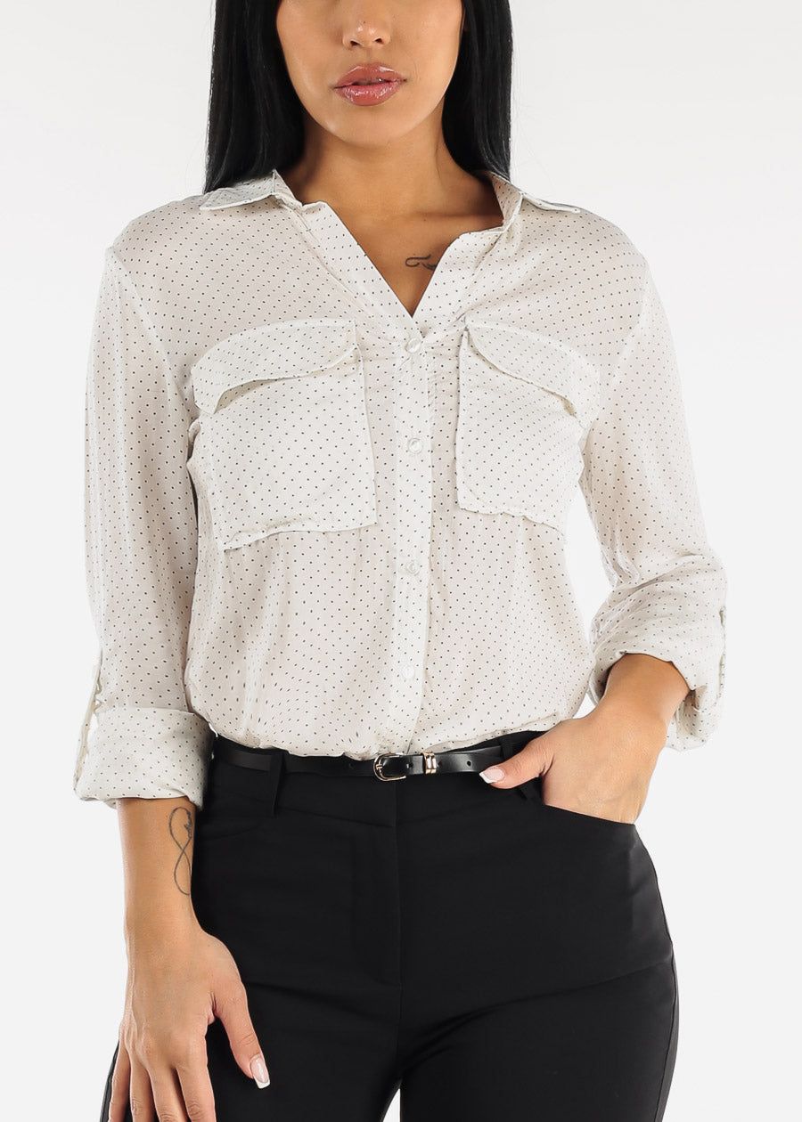 Long Sleeve White Polka Dot Button Down Shirt sold by Moda