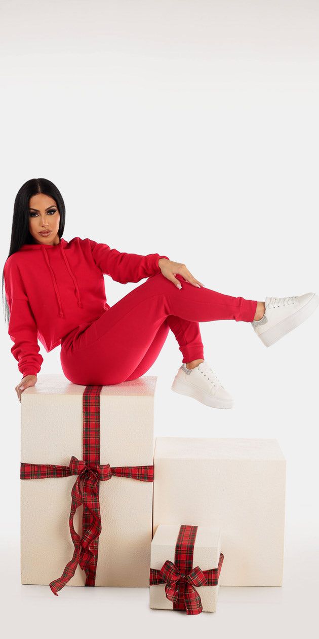 Red High Waisted Jogger Pants with Red Long Sleeve Fleece Cropped Hoodie sold by Moda product image thumbnail 3